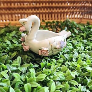 Vintage Porcelain Floral Swan Ash Tray Sphinx Japan Coquette Bridal